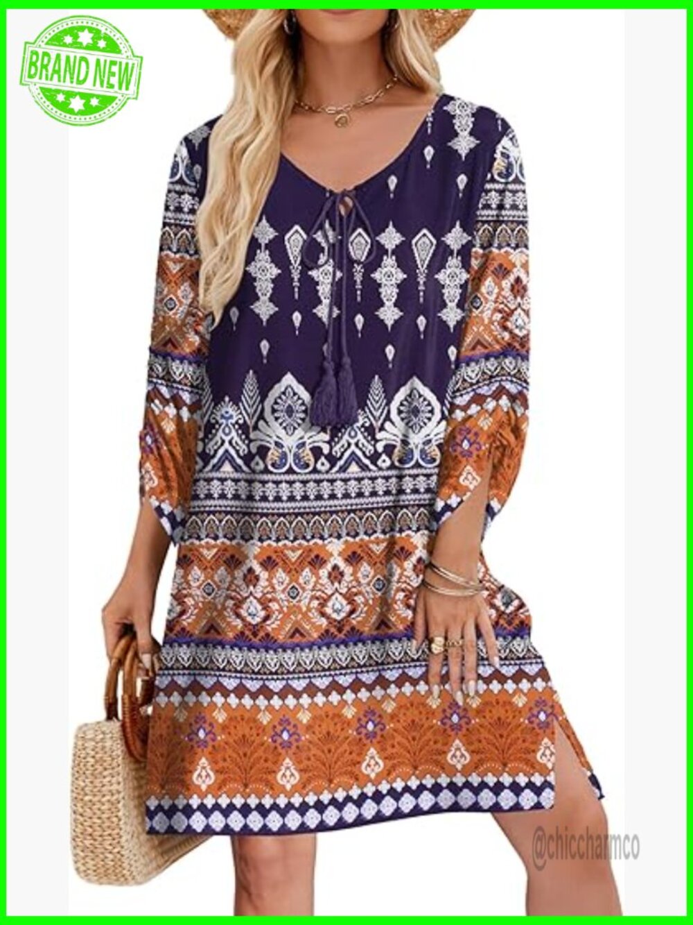 Boho Floral Mini Dress Tassel Tie Neck 3/4 Sleeve Sundress